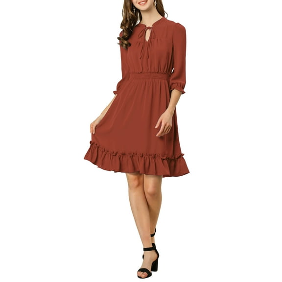 INSPIRE CHIC Women's Layered Ruffle Hem 3/4 Sleeves Smocked Chiffon A-Line Dress L Candy