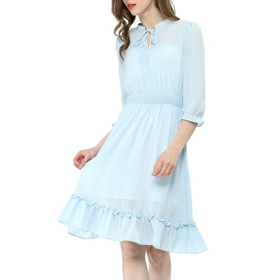 INSPIRE CHIC Women's Layered Ruffle Hem 3/4 Sleeves Smocked Chiffon A-Line Dress M Blue