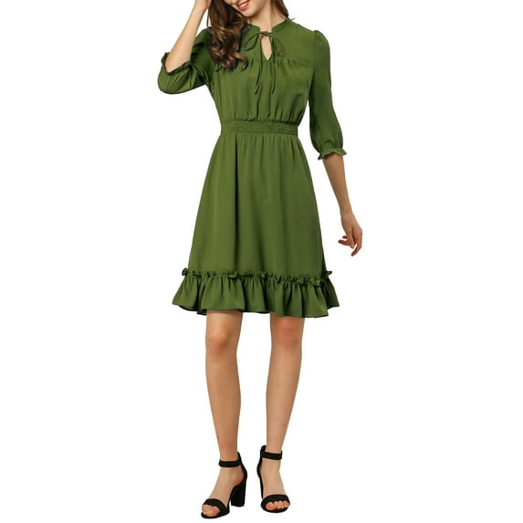 INSPIRE CHIC Women's Layered Ruffle Hem 3/4 Sleeves Smocked Chiffon A-Line Dress S Army Green