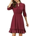 thumbnail image 1 of INSPIRE CHIC Women's Layered Ruffle Hem 3/4 Sleeves Smocked Chiffon A-Line Dress S Burgundy, 1 of 9