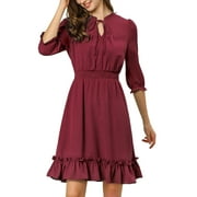 INSPIRE CHIC Women's Layered Ruffle Hem 3/4 Sleeves Smocked Chiffon A-Line Dress M Burgundy