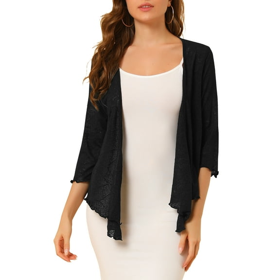 INSPIRE CHIC Women's Leisure Open Front Self Tie 3/4 Sleeve Crop Shrug Cardigan
