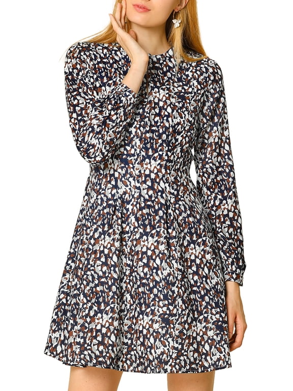 Women's Leopard Keyhole Above Knee Pleated a-Line Dress XL Navy Blue