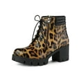 thumbnail image 1 of BLISSFUL STEP Women's Leopard Print Chunky Mid Heels Combat Boots Brown Leopard 8.5, 1 of 6