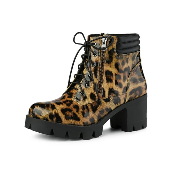 BLISSFUL STEP Women's Leopard Print Chunky Mid Heels Combat Boots Brown Leopard 8.5
