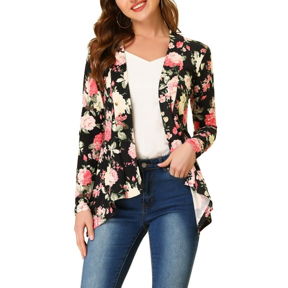 INSPIRE CHIC Women's Leopard Print Long Sleeve Open Front Cardigan Black Pink S