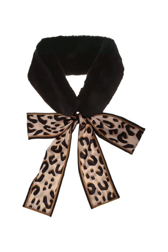 Women's Leopard Ribbons Faux Fur Wrap Collar Scarf Plush Neck Scarves Black