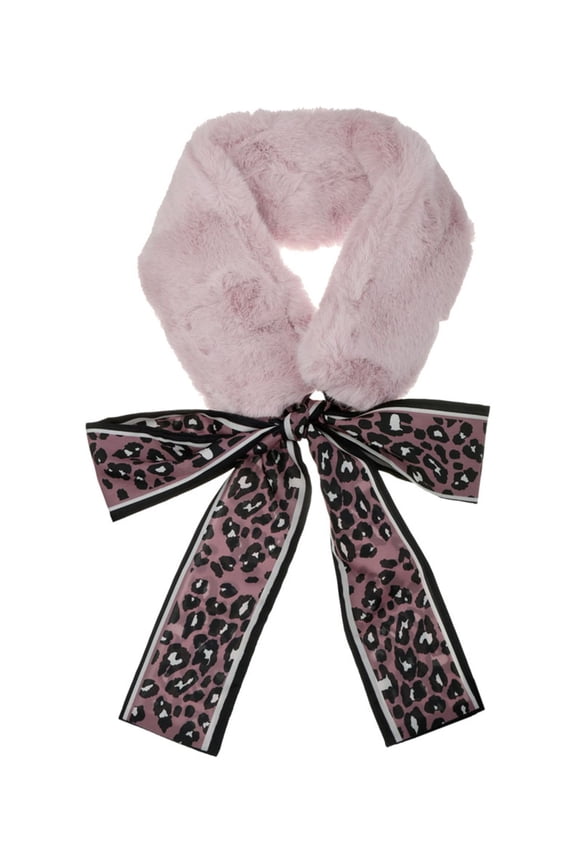 Women's Leopard Ribbons Faux Fur Wrap Collar Scarf Plush Neck Scarves Pink