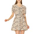 thumbnail image 1 of Allegra K Women's Leopard Tie Waist Short Sleeves V Neck A-Line Dress, 1 of 8