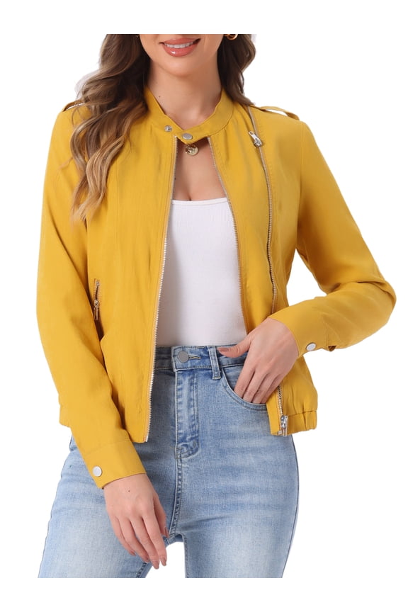 Women's Lightweight Stand Collar Zip up Biker Moto Jacket L Yellow