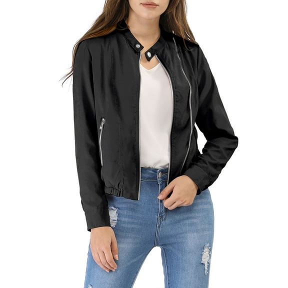 INSPIRE CHIC Women's Lightweight Stand Collar Zip up Biker Moto Jacket M Black