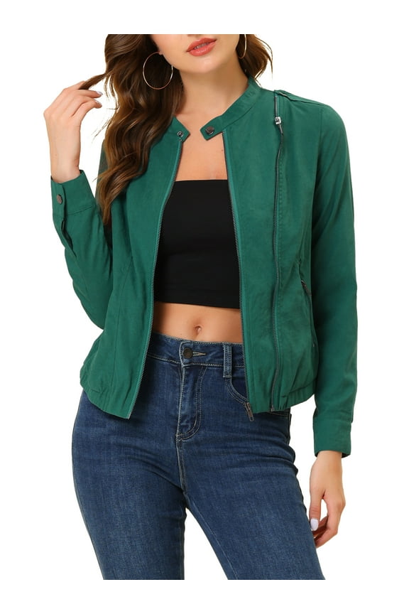 Women's Lightweight Stand Collar Zip up Biker Moto Jacket M Lake Green