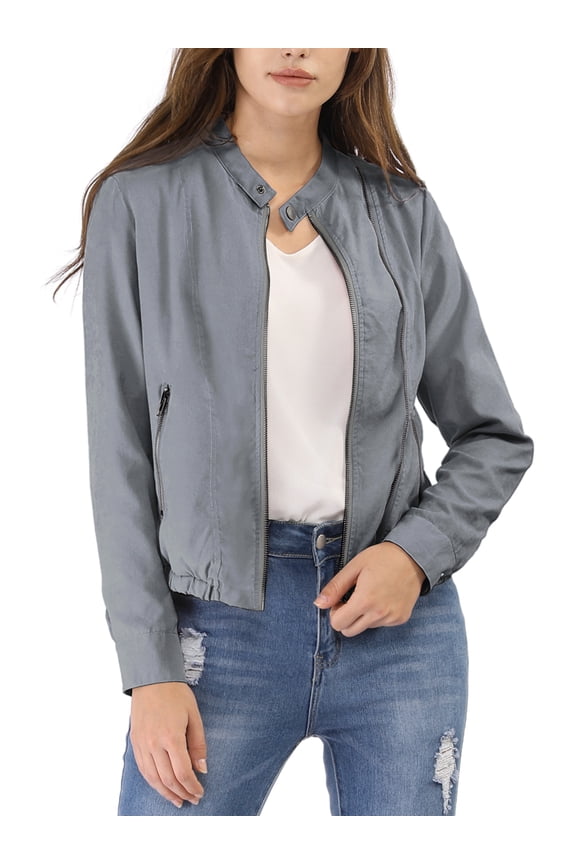 Women's Lightweight Stand Collar Zip up Biker Moto Jacket S Grey