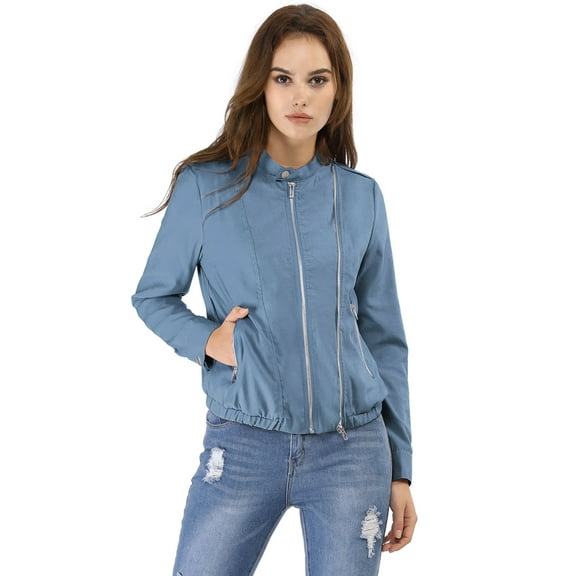 INSPIRE CHIC Women's Lightweight Stand Collar Zip up Biker Moto Jacket XS Blue