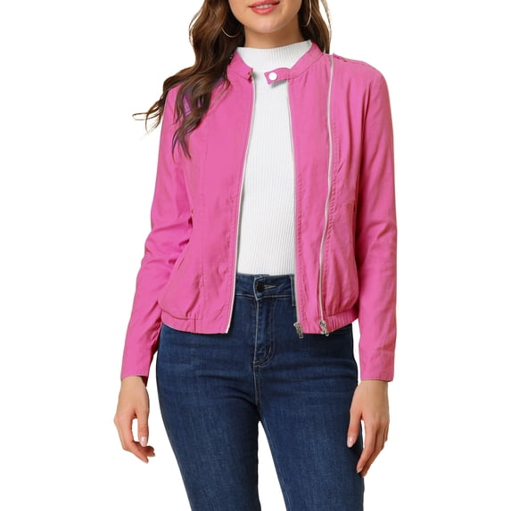 Allegra K Women's Lightweight Stand Collar Zip up Biker Moto Jacket