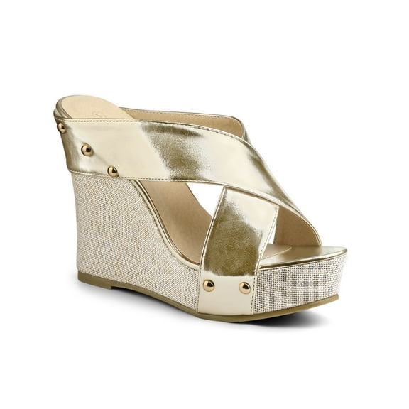 BLISSFUL STEP Women's Linen Platform Slide Wedge Open Toe Sandals Gold Tone 6