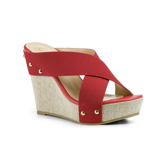 BLISSFUL STEP Women's Linen Platform Slide Wedge Open Toe Sandals Red 9