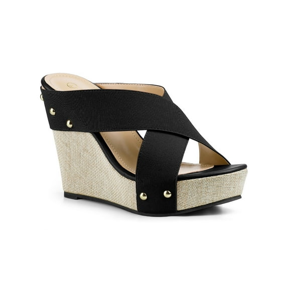 BLISSFUL STEP Women's Shoes Wedge Open Toe Crisscross Straps Linen Platform Sandals Black 9
