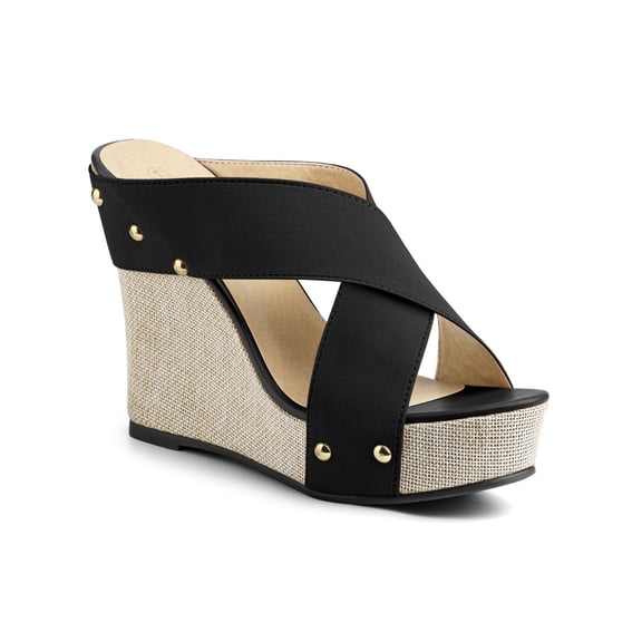 BLISSFUL STEP Women's Shoes Wedge Open Toe Crisscross Straps Linen Platform Sandals Black 7.5