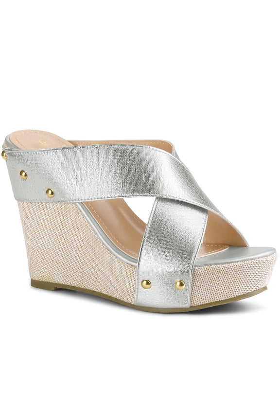 Women's Shoes Wedge Open Toe Crisscross Straps Linen Platform Sandals Silver 7.5