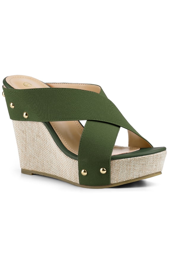 Women's Shoes Wedge Open Toe Crisscross Straps Linen Platform Sandals Dark Green 8.5