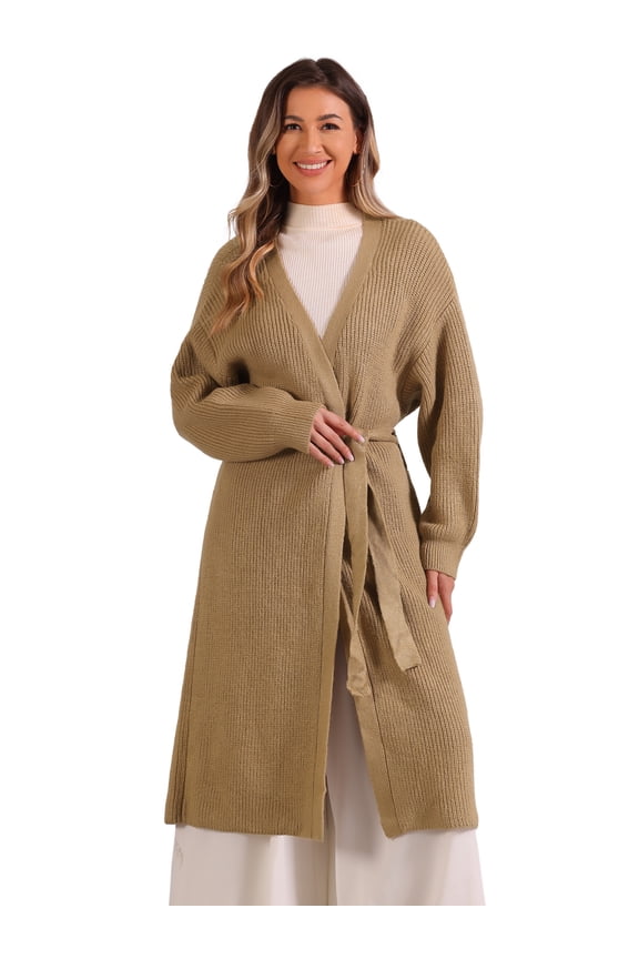 Women's Long Cardigan Open Front Long Sleeve Belted Knit Sweater Khaki M