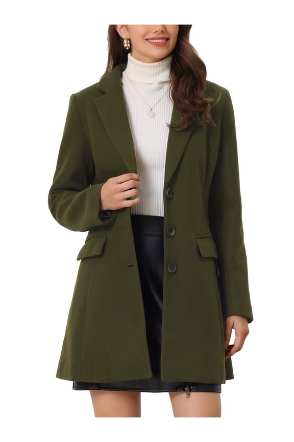 Women's Coat Solid Color Notched Lapel Single Breasted Winter Peacoat Olive Green 2XL