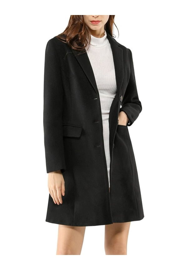 Women's Coat Solid Color Notched Lapel Single Breasted Winter Peacoat L Black