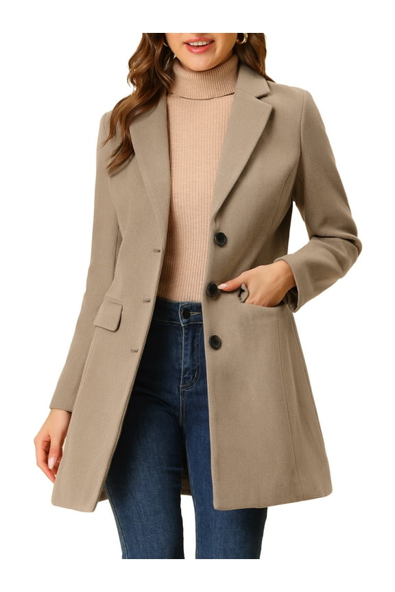 Women's Coat Solid Color Notched Lapel Single Breasted Winter Peacoat L Dark Beige