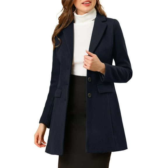 INSPIRE CHIC Women's Coat Solid Color Notched Lapel Single Breasted Winter Peacoat L Dark Blue
