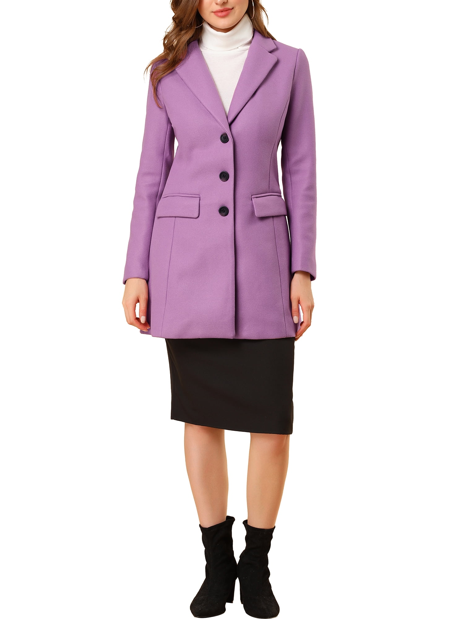 Women's Coat Solid Color Notched Lapel Single Breasted Winter Peacoat L Light Purple