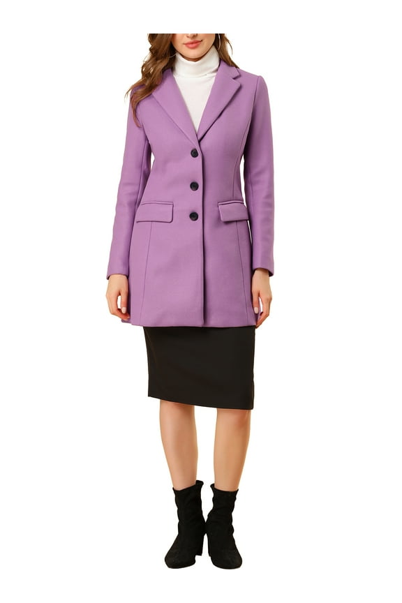 Women's Coat Solid Color Notched Lapel Single Breasted Winter Peacoat L Light Purple