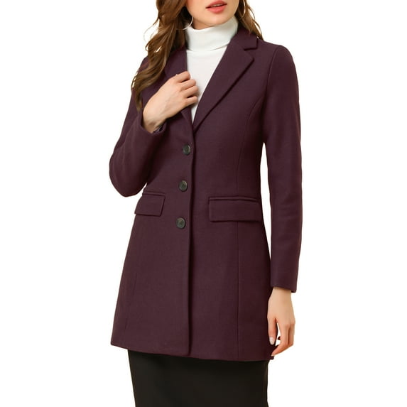 INSPIRE CHIC Women's Coat Solid Color Notched Lapel Single Breasted Winter Peacoat Purplish Red L