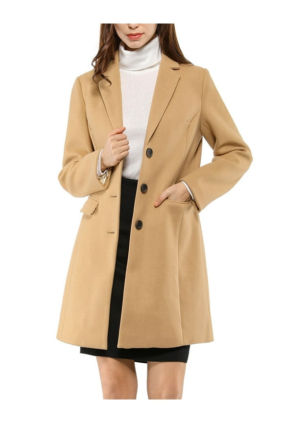 Women's Coat Solid Color Notched Lapel Single Breasted Winter Peacoat M Brown