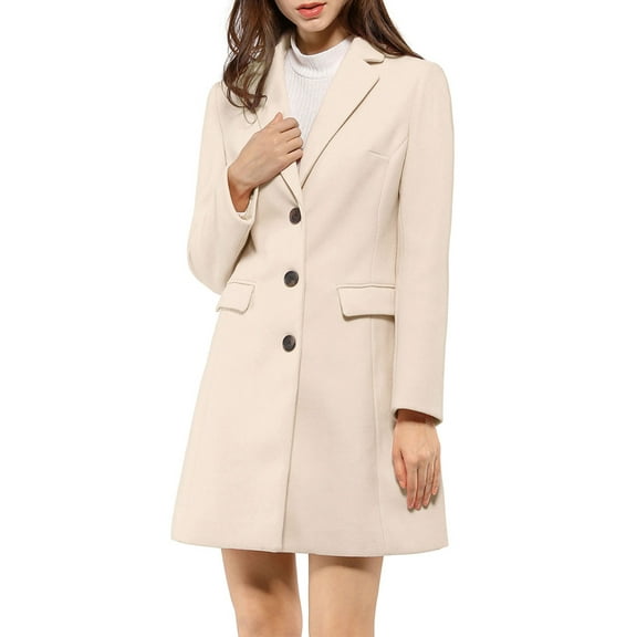 INSPIRE CHIC Women's Coat Solid Color Notched Lapel Single Breasted Winter Peacoat M Cream White