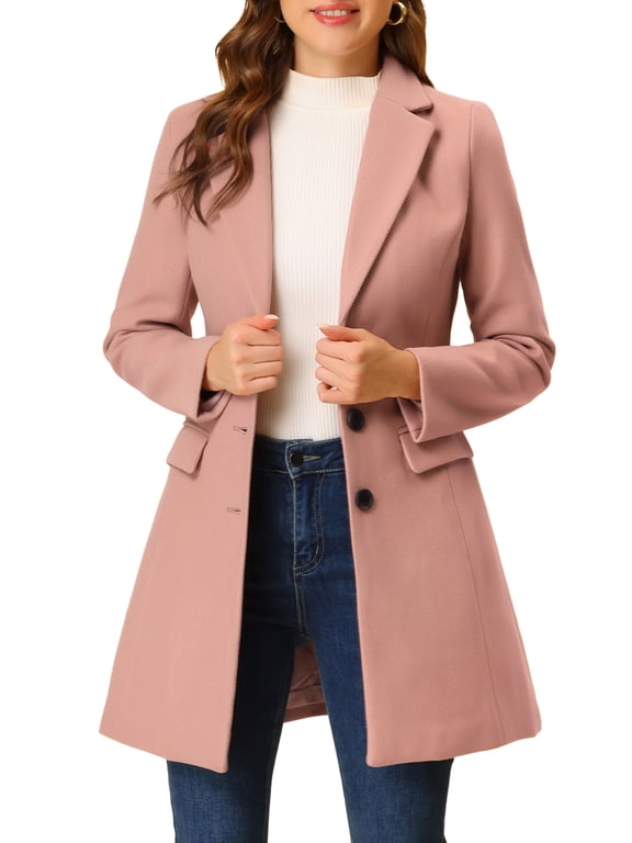 Women's Coat Solid Color Notched Lapel Single Breasted Winter Peacoat Dusty Pink M