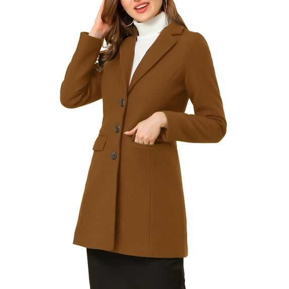 INSPIRE CHIC Women's Coat Solid Color Notched Lapel Single Breasted Winter Peacoat S Dark Brown