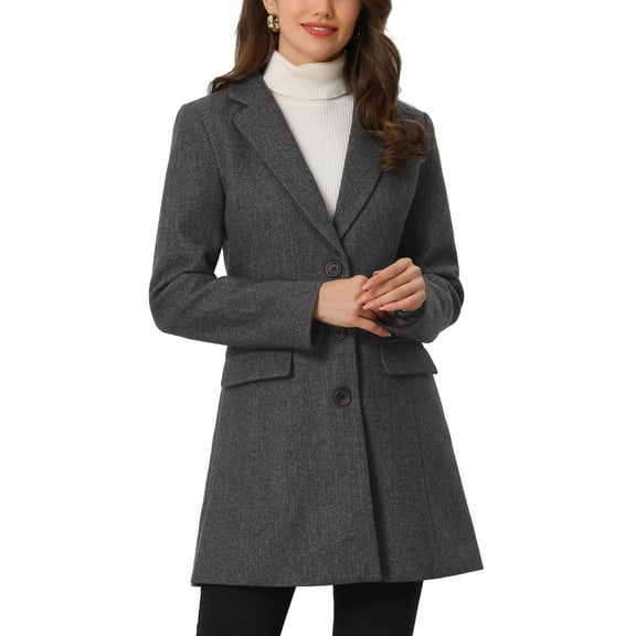 INSPIRE CHIC Women's Coat Solid Color Notched Lapel Single Breasted Winter Peacoat S Dark Grey