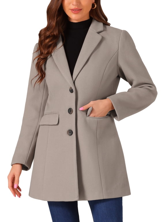 Women's Coat Solid Color Notched Lapel Single Breasted Winter Peacoat Dark Tan S