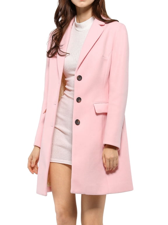 Women's Coat Solid Color Notched Lapel Single Breasted Winter Peacoat Pink XL