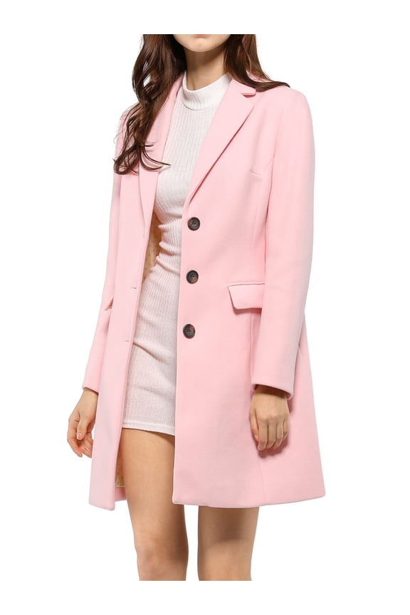 Women's Coat Solid Color Notched Lapel Single Breasted Winter Peacoat Pink XL