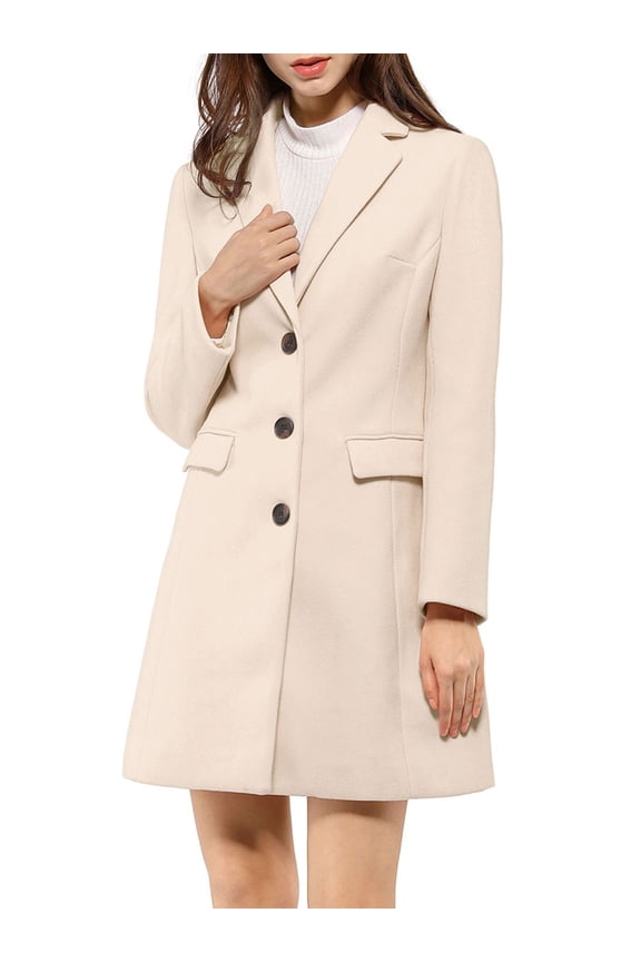 Women's Coat Solid Color Notched Lapel Single Breasted Winter Peacoat XS Cream White