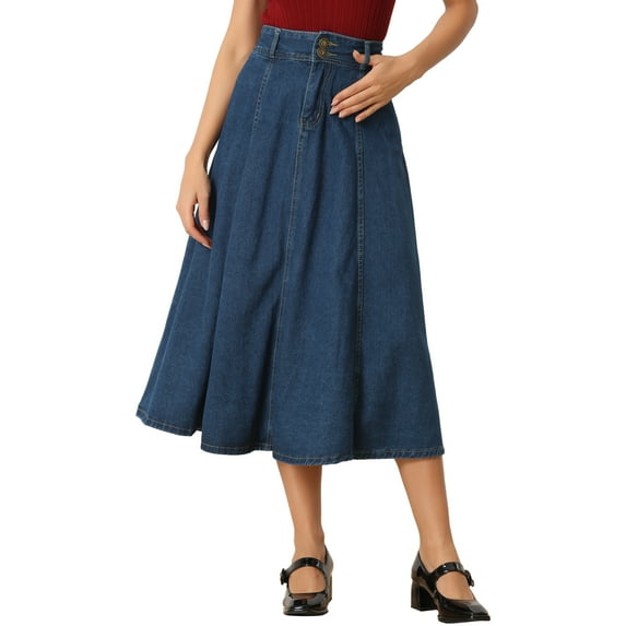 INSPIRE CHIC Women's Long Denim High Rise Button Front A-line Classic Jean Skirts M Dark Blue