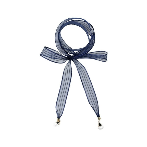 INSPIRE CHIC Organza Long Narrow Skinny Scarf for Women Stripe Pattern Bag Handle Decor Waistband Navy Blue