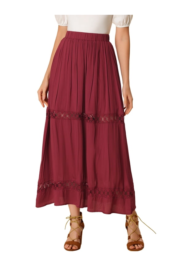 Women's Long Skirts Elastic Waist Lace Insert A-Line Maxi Skirt S Wine Red