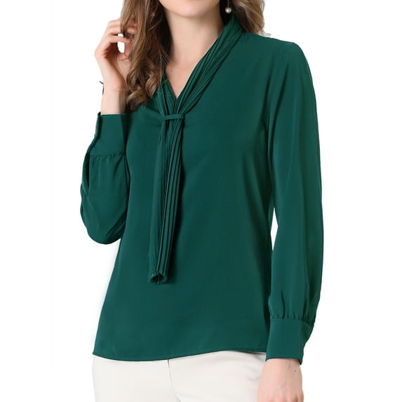INSPIRE CHIC Women's Long Sleeve Blouses Chiffon Pleated Tie Neck Office Top Shirt 2XL Dark Green
