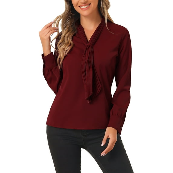INSPIRE CHIC Women's Long Sleeve Blouses Chiffon Pleated Tie Neck Office Top Shirt L Dark Red