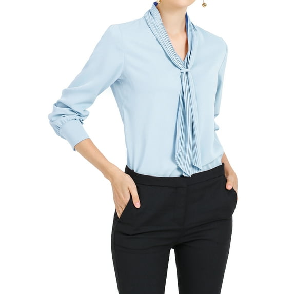 INSPIRE CHIC Women's Long Sleeve Blouses Chiffon Pleated Tie Neck Office Top Shirt L Light Blue