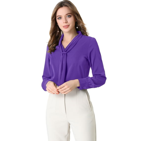 INSPIRE CHIC Women's Long Sleeve Blouses Chiffon Pleated Tie Neck Office Top Shirt L Purple