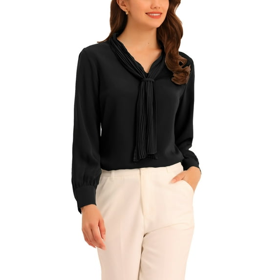 INSPIRE CHIC Women's Long Sleeve Blouses Chiffon Pleated Tie Neck Office Top Shirt M Black